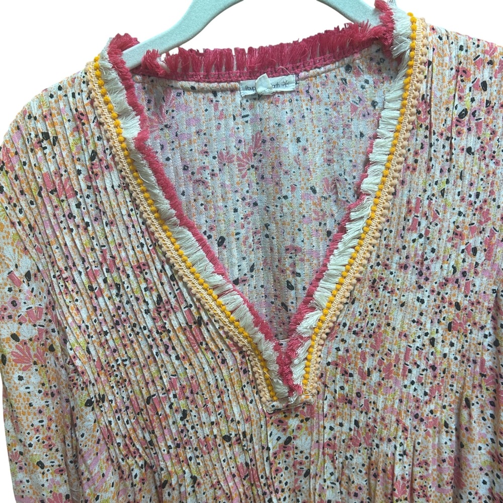 Poupette St Barth Mini Dress M Pink Orange Floral Fringe Pintuck V-Neck Boho - Picture 3 of 8